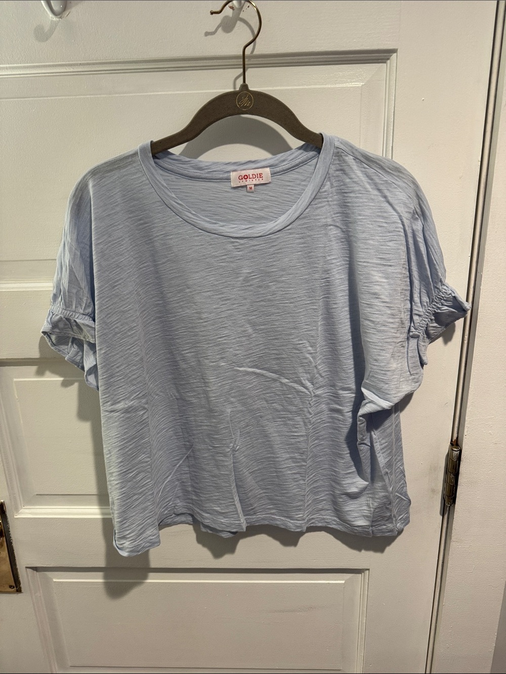 Goldie Pale Blue Short Sleeve Slub Tee with Gathered Sleeves